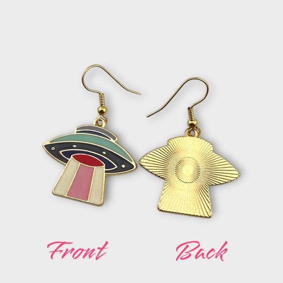 UFO Enamel Earrings Gold Plated Fish Hook Ear Wires Spaceship Earrings - Picture 3 of 10